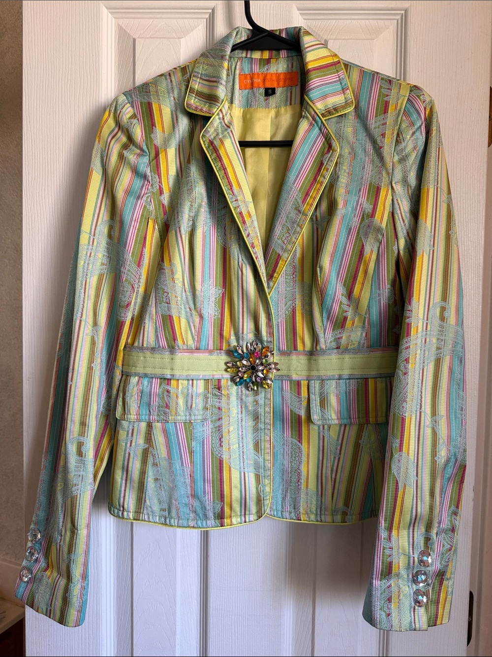 Cynthia Steffe Yellow Multi-Striped Jeweled Buckle Blazer